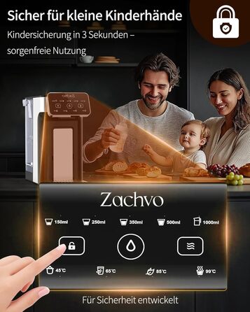 Нагрівач води ZACHVO KEI906 – 2600W: миттєве гаряче водопостачання, 4 температури, 5 об'ємів, 3L бак, компактний для кухні та офісу, сумісний з фільтрами BRITA (фільтр купується окремо) – Чорний