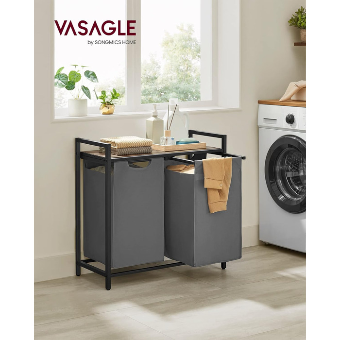 Кошик для білизни VASAGLE з 2 відділеннями, 92 л, чорно-вінтажний, з металевим каркасом