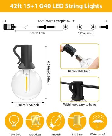 LED гірлянда для вулиці 23м - 75 футів, з таймером та регулюванням яскравості. 30+3 лампочки G40, тепле біле світло, ретро стиль, вологостійка гірлянда для тераси, вечірки, саду, патіо.