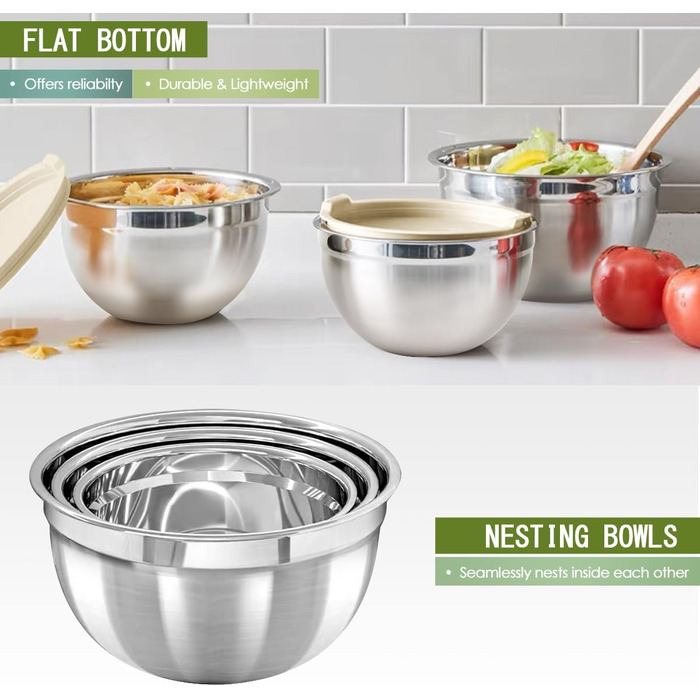 Набір місок для перемішування з кришками, 26 предметів, нержавіюча сталь, 3 тертки, міски для кухні, випічки, холодильника, зберігання продуктів, органайзер, 7 розмірів (Хакі)