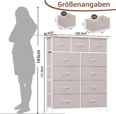 Тумбочка Somdot з висувними ящиками, тканинна тумбочка, тумбочка для спальні, вітальні, коридору, шафа з ящиками, 5 тканинних ящиків, білий колір, штучна шкіра (сірий, 30T x 100B x 118.5H см (11 ящиків))