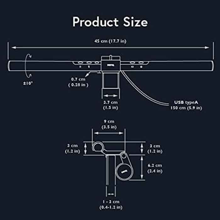 BenQ ScreenBar - LED лампа для монітора з регулюванням кольору та автоматичним затемненням, захист очей, USB зарядка, офісна лампа