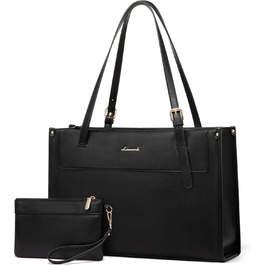 LOVEVOOK Сумка для ноутбука 15.6 дюймів, жіноча, велика, водонепроникна, сумка-шоппер, ділова, з PU шкіри, для офісу, навчання, чорна