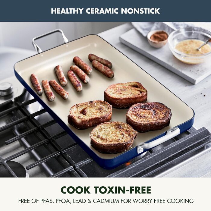 GreenPan сковорода-гриль з подвійним дном, 45.7 x 27.9 см, керамічне покриття, антипригарна, без PFAS, нержавіючі ручки, для плити, посудомийна машина, духовка та гриль, блакитний колір Oxford