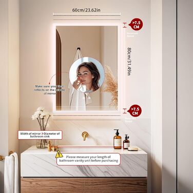 Дзеркало для ванної кімнати LUVODI з підсвічуванням 40x50 см: регульоване LED дзеркало з 3 кольорами світла, сенсорне керування, антизапарник, водонепроникне, настінне, горизонтальне/вертикальне встановлення (80x60 см)