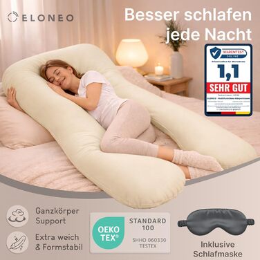 Подушка для вагітних ELONEO NEU для сну на боці, подушка для годування, XXL розмір, кремова, знімний чохол, подушка для читання, пральна