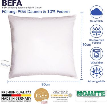 Подушка BEFA NATUR Made in Germany 40х80 см з 90 пухом і 10 пір'ям 1 класу, біла, вага наповнювача 400г. Підходить для алергіків (номіт), Downpass (2 шт. и) (80 х 80 см)