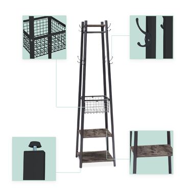 Настінна вішалка Relaxdays з гачками, полицями та кошиком