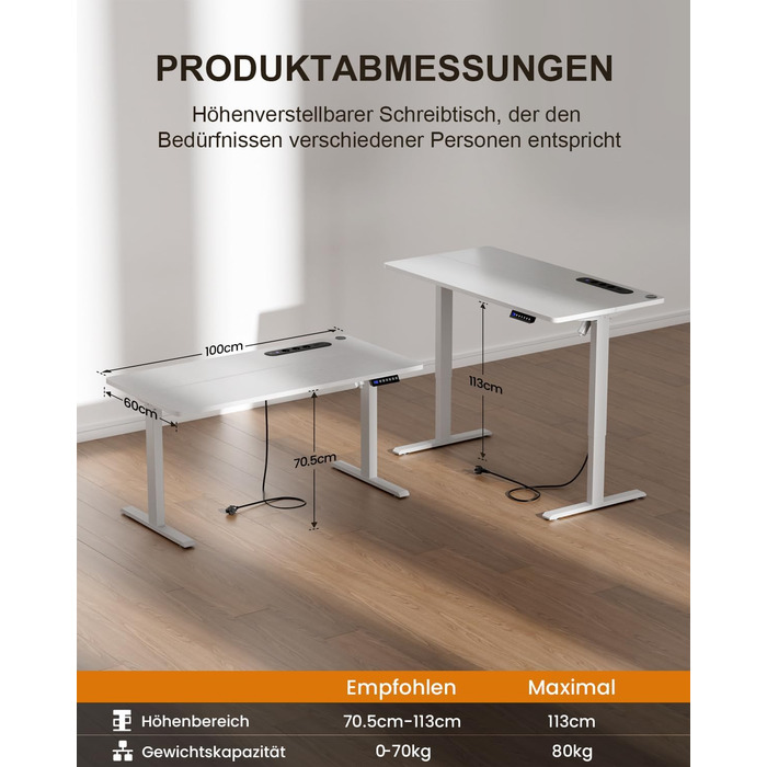 Регульований стіл з USB-зарядкою та розеткою, 100 × 60 см. Електричний стіл, регульований комп'ютерний стіл з 3-функціональною пам'яттю, білий. 100 x 60 см