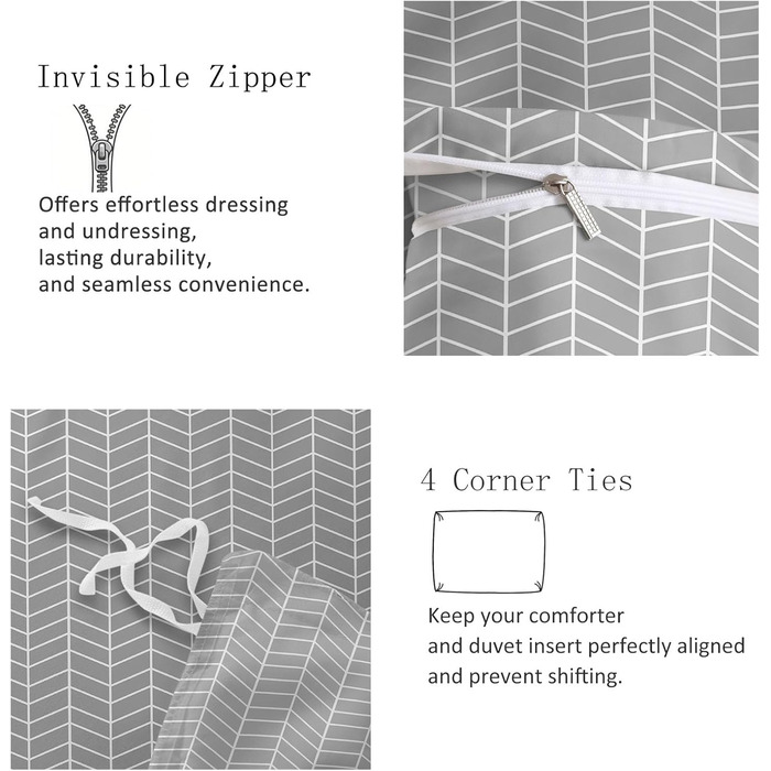 Сіра постільна білизна 180x200 см з геометричним дизайном, двостороння, з м'якої мікрофібри, для алергіків, 3 частини (1 ковдра + 2 подушки), з блискавкою, сучасний дизайн