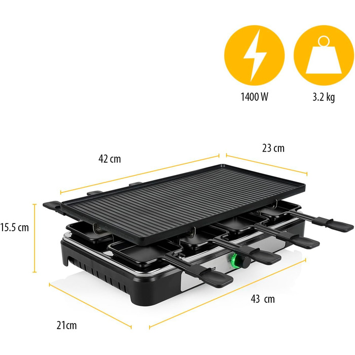 Ракле-набір Tristar RA-2748 – 3-в-1: ракле, гриль, сковорода, тепаньякі для 8 осіб, 1400 Вт, чорний