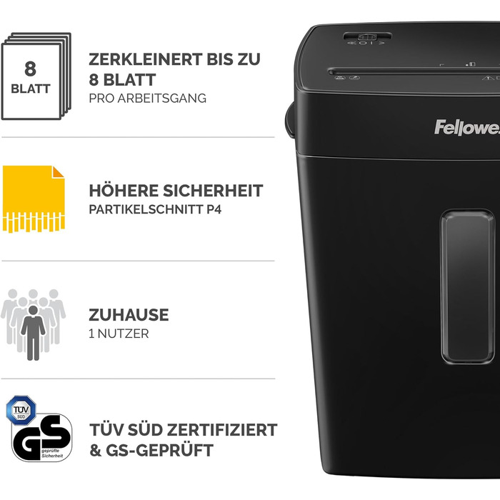 Fellowes FS-8C: Шредер для паперу 8 листів, чорний, Cross Cut, 15л, знищення кредитних карт