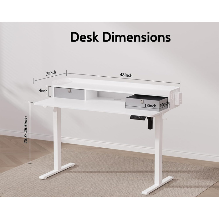 Електричний письмовий стіл WALKINGDESK з регулюванням висоти, 2 шухлядами, ергономічний сидячи-стоячи, для домашнього офісу, з полицею, гачком, DIY-панеллю, 122x61 см, білий