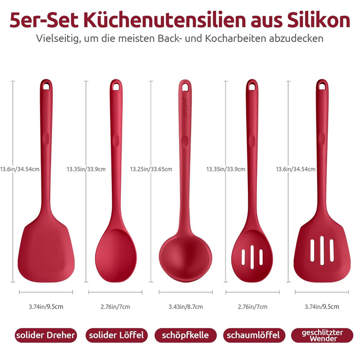 Набір кухонних аксесуарів U-Taste з силікону (5 шт.), стійкий до 315°C, BPA-free, антипригарний, для приготування, перемішування, подачі їжі (червоний)