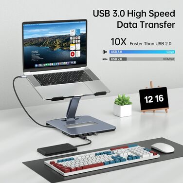 Підставка для ноутбука BENFEI з алюмінію та USB-C док-станцією 6в1, HDMI 4K@60Hz, 4*USB3.0, 100W PD, сумісна з MacBook Pro/Air, iPad Pro, XPS, Thinkpad