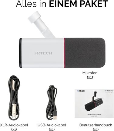 IXTECH Динамічний мікрофон із кардіоїдною діаграмою, RGB підсвітка, USB/XLR, для співу, подкастів, стрімінгу, запису, ігор та озвучування, білий
