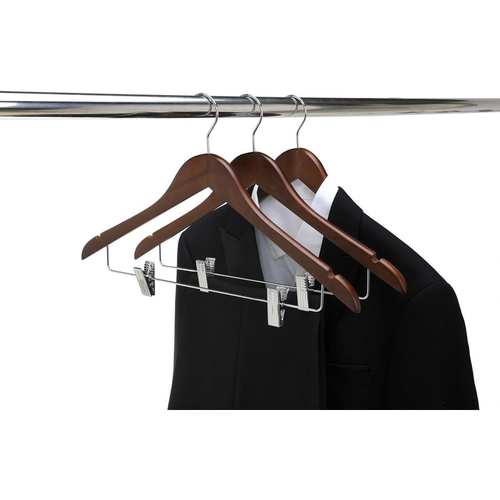 Дерев'яні вішалки для одягу з кліпсами (20 шт.), масивне дерево, вішалка для штанів, регульовані металеві кліпси, поворотний гачок, для пальто, сорочок, костюмів (Волоський горіх - Хромований гачок)