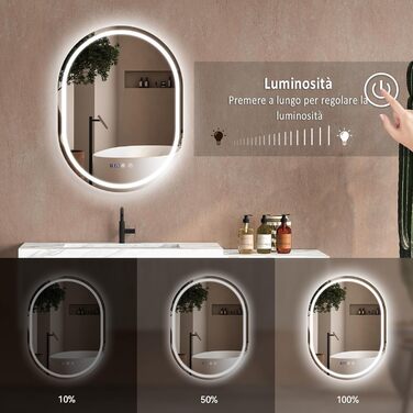 Дзеркало для ванної кімнати YU YUSING з підсвічуванням 80x60 см LED, 3 кольори світла, регулювання яскравості, антизапітніння, сенсорний вимикач, таймер, загартоване скло, IP44, овальне
