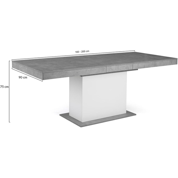 Розсувний обідній стіл Eden, прямокутний, на 6-10 осіб, бетон та білий колір, 160-200 см
