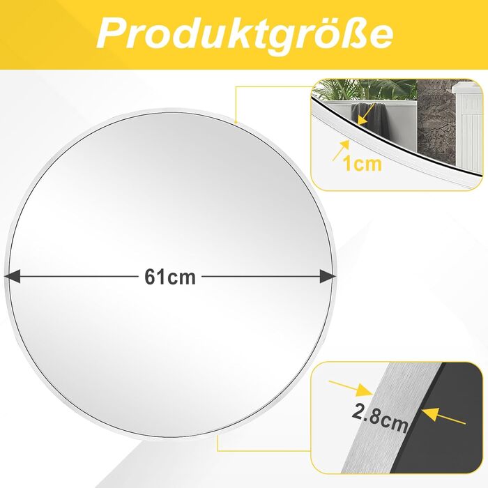 Дзеркало кругле FRUMENSHIP 76x76 см з металевим каркасом, для вітальні, спальні, ванної кімнати, коридору (срібний)