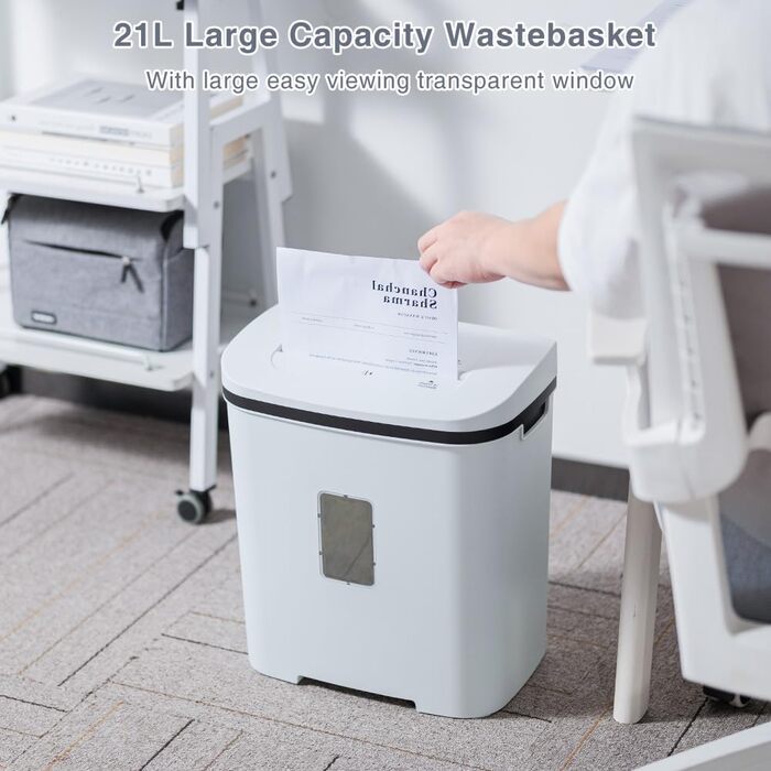 Шредер для паперу P4, 14 листів, 60 хв безперервної роботи, знищення кредитних карт та скріпок, 21л контейнер, тихий, для дому, офісу, шкіл, білий