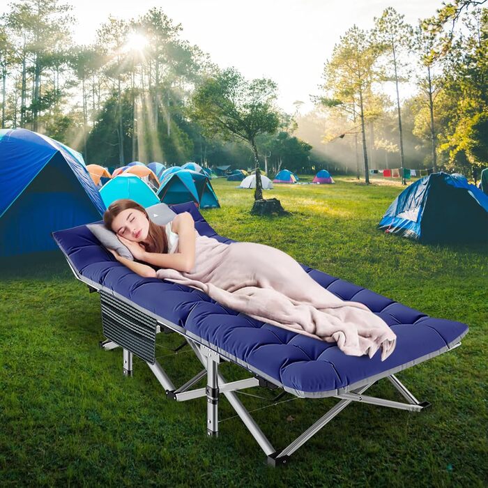 Розкладне кемпінгове ліжко з матрацом та кишенями, сталевий каркас, навантаження до 200 кг, 190x71x36 см, синій
