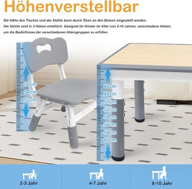 Дитячий стіл з 4 стільцями AufuN, регульована висота, комплект для дитячої кімнати, садка, класу. Легко миється, пластикові меблі (сірий)