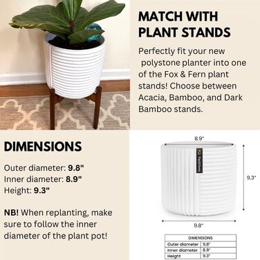 Горщик для квітів Fox & Fern Großer 30,5 см - великий кашпо з високоякісного полістоуну з 3D-текстурою та дренажним отвором; горщик 30,5 см для кімнатних рослин; великий горщик для дому (білий)