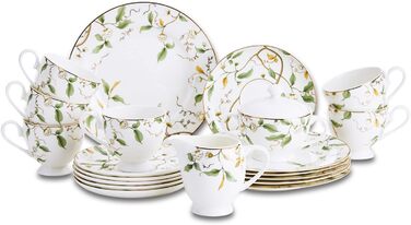 Кавовий сервіс на 6 осіб з Bon China порцеляни: 20-ти частинний набір посуду, білий з квітковим візерунком (6 тарілок, 6 чашок, 6 підставок)
