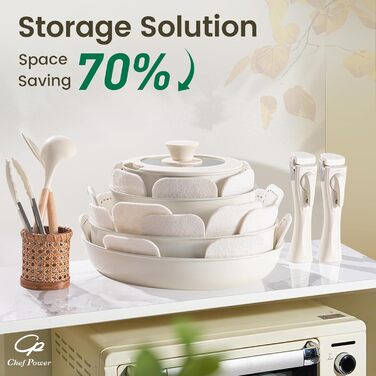 Набір кухонного посуду Chef Power Keramik, 19 частин: сковорідки та каструлі з антипригарним покриттям, без PFOA, PTFE, PFAS, для індукційних плит, сумісний з духовкою, миється в посудомийній машині, кремово-білий (Granite Grey & Cream White)