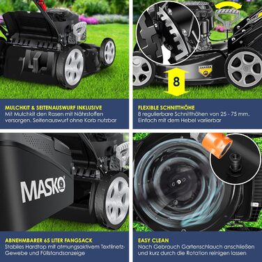 Бензиновий газонокосарка MASKO® 5in1 | Ширина косіння 51 см | 8 положень висоти косіння | 4-тактний OHV двигун 6.0 PS | 65 л травозбірник | Включно з набором для мульчування, бічний викид | Чорний/Сірий