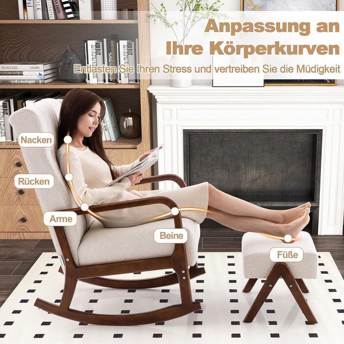 Крісло-гойдалка COSTWAY з пуфом, до 150 кг, бежеве - розслабляюче крісло для вітальні та спальні з дерев'яним каркасом