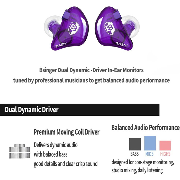 Навушники-вкладиші BASN Bsinger, навушники з двома драйверами та кабелем MMCX для музикантів (синій/фіолетовий)