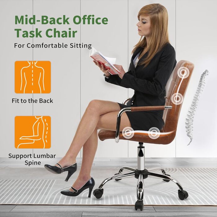 Офісний крісло Clatina з шкіри, на колесах, ергономічний, з середньою спинкою та підлокітниками, поворотне, регульоване по висоті, для дому, кабінету, 160 кг (Колір: Коричневий, Комплект: 4 шт.)