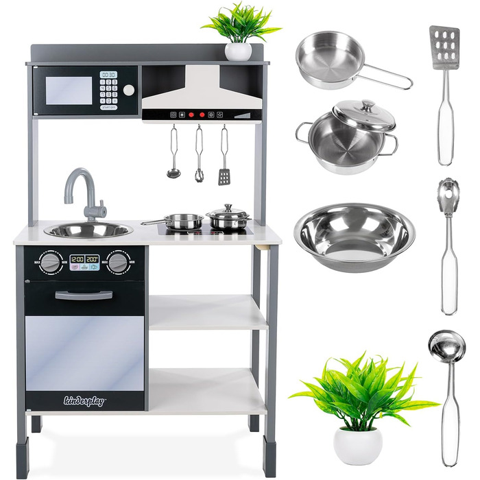 Дерев'яна дитяча кухня Kinderplay з LED та звуками приготування їжі, регульована висота 92–107 см, іграшкова кухня для ролевих ігор від 3 років, повний комплект з аксесуарами, світло-сірий (Modern - Grau)