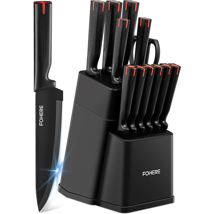 Набір ножів FOHERE 13 предметів з точилкою. Набір кухонних ножів з нержавіючої сталі з підставкою та інтегрованою точилкою (чорний)