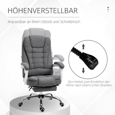 Ергономічний стілець Vinsetto Office Chair зі складною підставкою для ніг, регулюється по висоті та нахиляється, метал сірий для комфорту в домашньому офісі