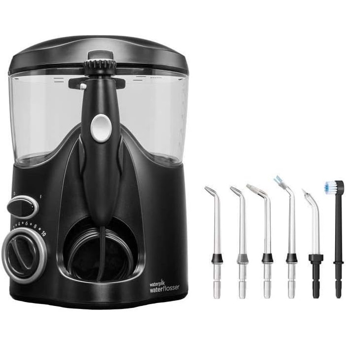 Waterpik Ultra: стаціонарна система для іригації порожнини рота, 6 насадок, 99,9% видалення нальоту, 10 режимів тиску, таймер, чорний
