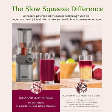 Anybear повільнодійний соковичавник 200W з великим завантажувальним отвором 110 мм | Покращена шнекова система | Tritan, BPA-free | Рецепти соків (срібний)