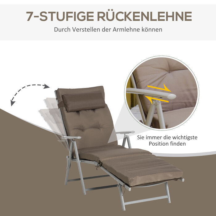 Outsunny Sun Lounger Садовий шезлонг складний регульований з подушкою коричневий сріблястий 137x63.5x100.5см для пляжу та саду