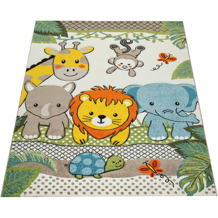 Пако домашній килим для дитячої кімнати, барвистий зелений килим із зображенням веселих тварин, зоопарк, джунглі, 3-D дизайн, розмір (160x230 см)
