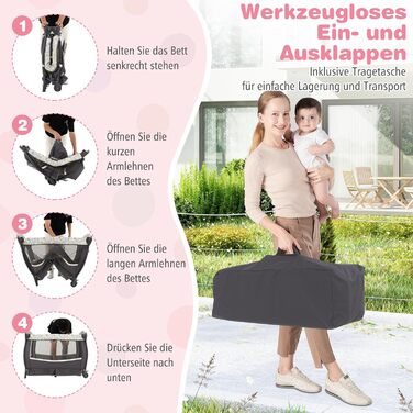 Дитяче туристичне ліжко COSTWAY 5-в-1 з матрацом, функція ліжка-гойдалки, пеленальний столик, музична шкатулка та сумка для перенесення, до 15 кг