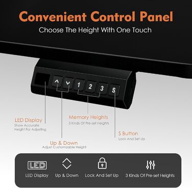 PACHIRA Електричний регульований стіл, 120x60 см, з пам'яттю та LED-дисплеєм, з гачком та кабелеуправлінням, ергономічний для дому/офісу, білий/чорний