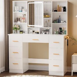 Дзеркальний туалетний столик Belife з підсвічуванням та 7 висувними ящиками, розеткою та 3 кольорами світла для спальні V5