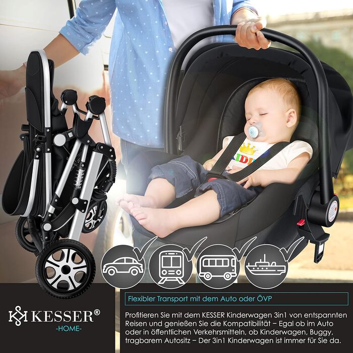 KESSER® Loops: Коляска 3-в-1 для дітей з люлькою, автокріслом та прогулянковим блоком. Комплект включає: автокрісло, люлька, прогулянковий блок, візок, колеса з повним покриттям, сумка для підгузків, дощовик, столик для дитини. Відповідає стандарту ECE R1