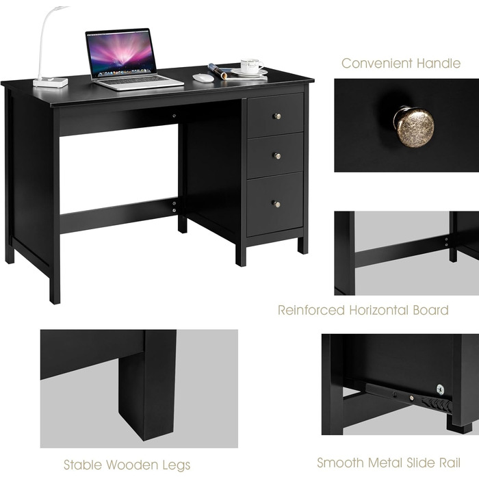 LIFEZEAL Стол письмовий з 3 шухлядами, комп'ютерний стіл 120x50 см, білий/чорний для офісу/кабінету