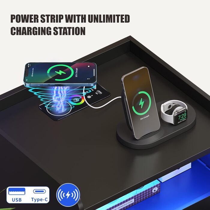 Нічний столик FREDEES з LED-підсвічуванням, ящиком, зарядкою та датчиком руху, сірий (2), чорний