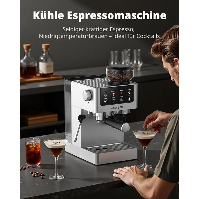Еспресо-машина Siebträger з прозорою колбою, 20 Bar, автоматичний спінювач молока, для капучино та лате, Dual Boiler (1350W & 1000W), 15s екстракція, нержавіюча сталь, бак 1.8L, сенсорний дисплей, автоматичний спінювач молока (з млинком)