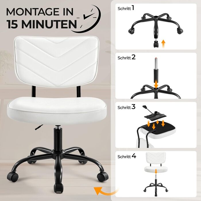 Крісло офісне Yaheetech з регульованою висотою сидіння, обертається на 360°, штучна шкіра, з роликами для офісу/вітальні, біле