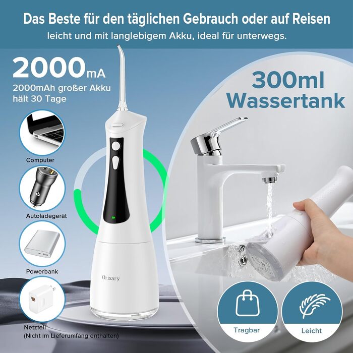 Електричний ірigator Munddusche з 5 режимами та 5 насадками, 300 мл резервуар, перезаряджуваний, для догляду за зубами, водонепроникний (IPX7)